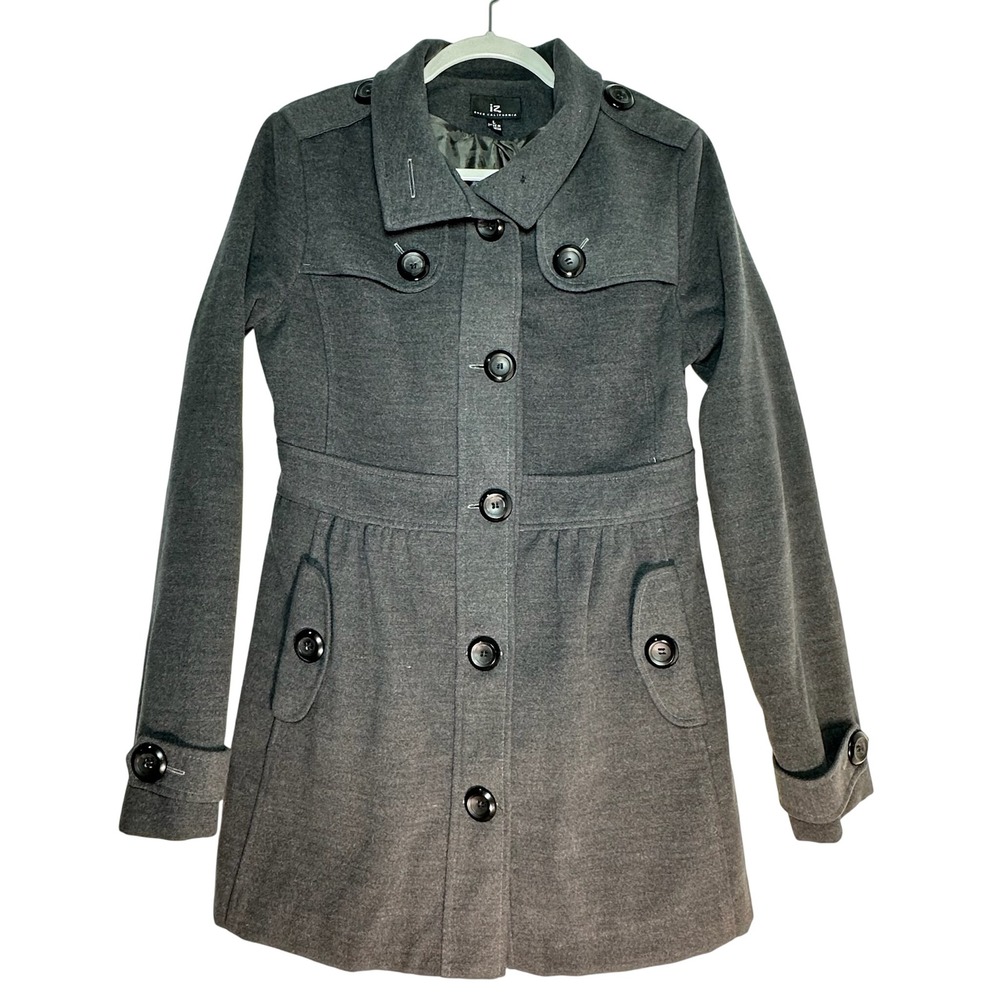 iz Byer California Womens Grey Button Front Fit‎ and Flare Peacoat Jacket Large